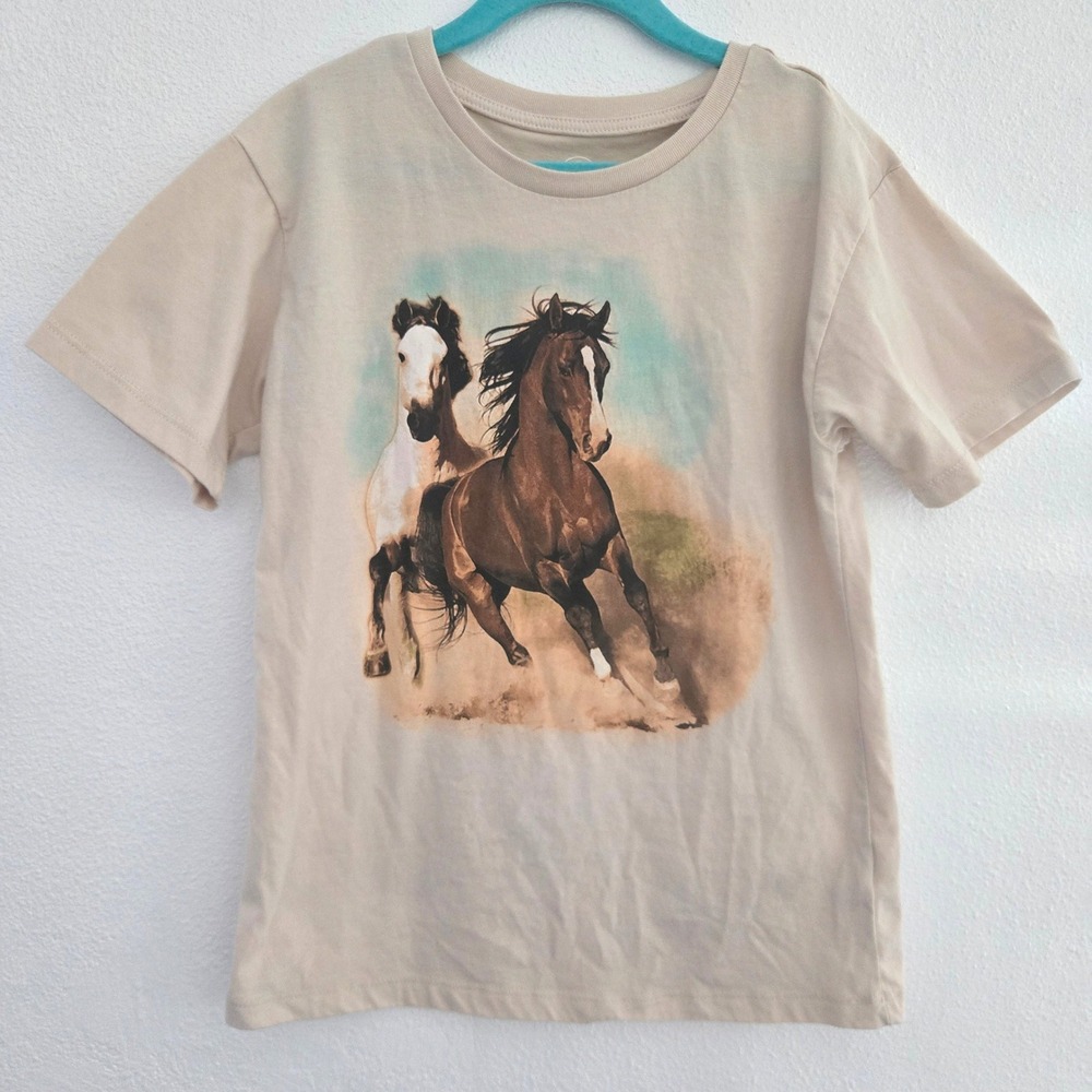 Wonder Nation Kids Tan Running Horses Graphic Tee Shirt Size M 7/8 NWOT